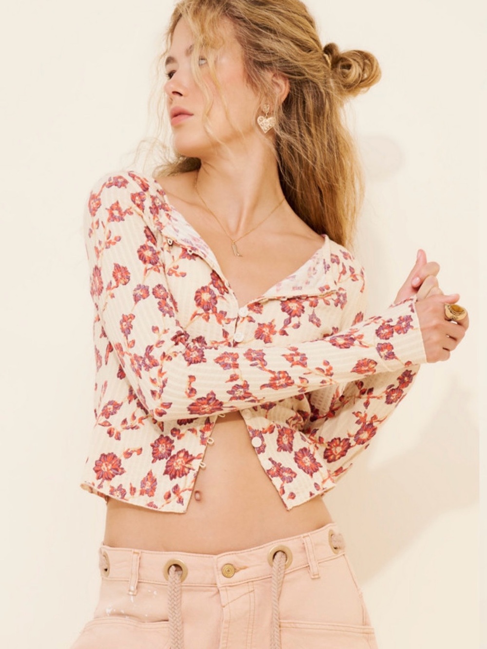 Free People Cream Ribbed Button-Front Crop Top with Pink Floral